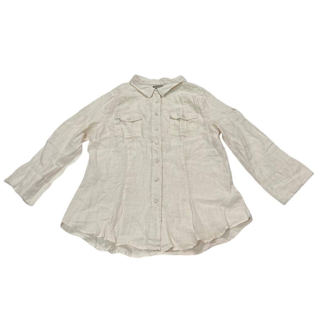 The Territory Ahead Womens Large 100% Linen Lagenlook Button Down Shirt Blouse